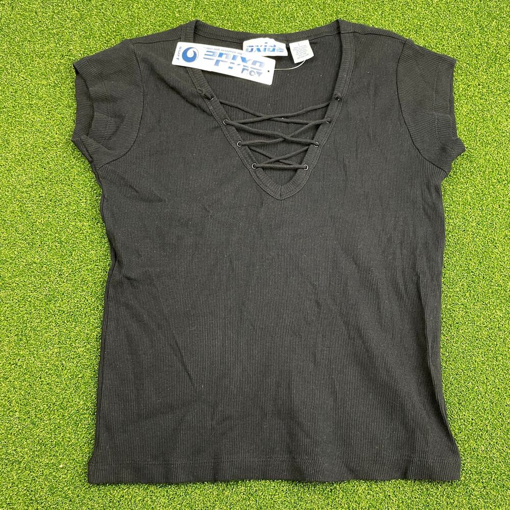 Oxide Black Ribbed Lace-Up V Neck Shirt Sz L NWT